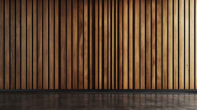 Modern wood slat wall with concrete floor interior