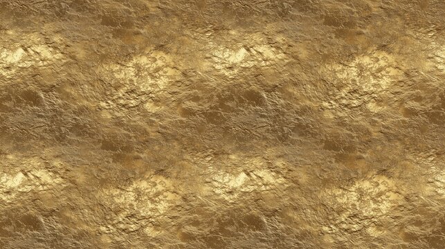Seamless pattern gold foil texture background with rough metallic surface. Abstract repeatable golden leaf mineral foil pattern, 3D render tileable bronze metallic material for luxury backdrop.