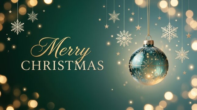 Elegant Merry Christmas greeting with festive ornaments and bokeh lights