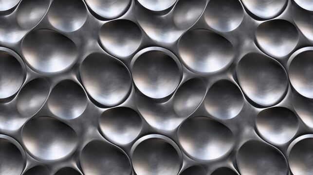 Seamless pattern 3D metallic wall panel texture background with organic cell shapes. Abstract repeatable futuristic chrome bubble pattern, tileable minimal geometric steel material for backdrop.