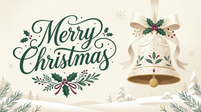 Elegant Merry Christmas greeting with festive bell and winter landscape