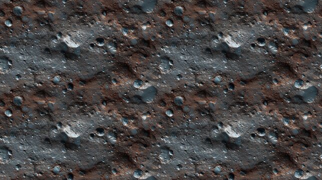 Seamless pattern asteroid surface texture background with rocky craters. Abstract repeatable cosmic moon ground soil pattern, 3D render tileable volcanic lava rock material for game backdrop.