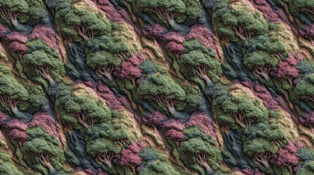 Seamless embroidered forest texture background with green and pink moss trees. Abstract repeatable tufted wool carpet tapestry pattern, 3D render tileable craft textile for wallpaper.