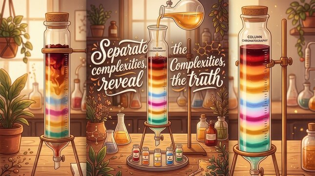 Vibrant scientific experiment with chromatography columns separating colorful liquids, symbolizing analysis and discovery in a lab setting.