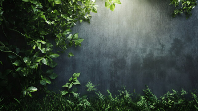 Lush green foliage growing on concrete wall background