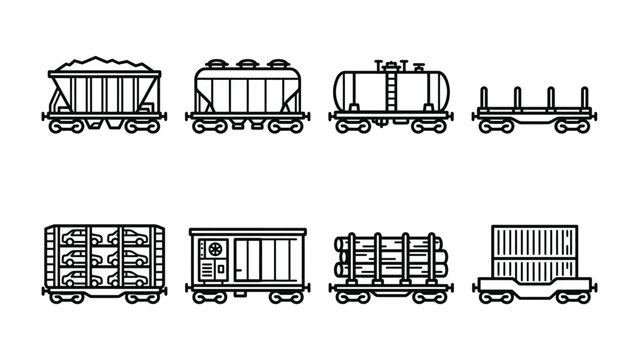Set of Freight Train Car Icons: An illustration showcasing various types of freight train cars, including hoppers, tank cars, flatbeds, and container cars.