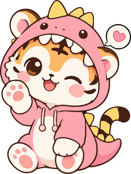 Kawaii tiger cub character with dino pink costume vector