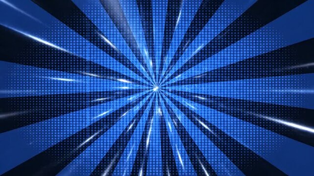 Blue comic book radial speed lines background with glowing light rays and halftone dots