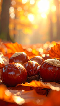 Close-up macro shot of shiny chestnuts resting on vibrant orange maple leaves in a sunlit forest setting.