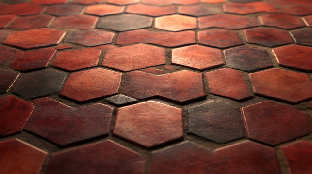 Terracotta hexagonal tiles forming an aged pattern