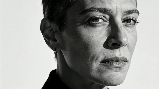 Reacting to zoom, woman lifting chin, meeting viewer gaze in studio high collar under hard light