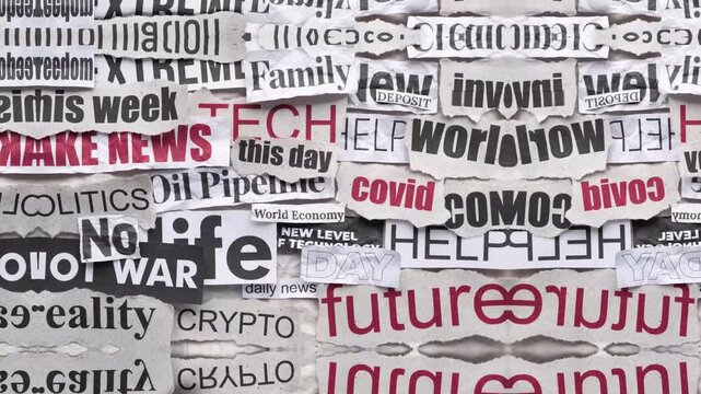 Abstract collage of newspaper headlines and typography overlay.