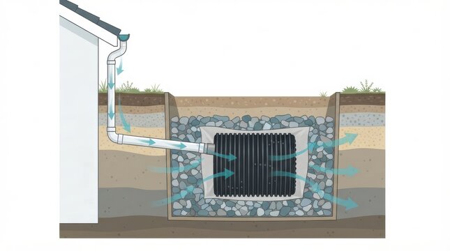 This shows the layout of a septic tank drainage system and its pipe connections in a residential setting.