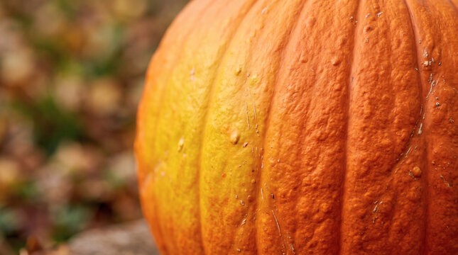 Orange pumpkin skin texture in autumn field