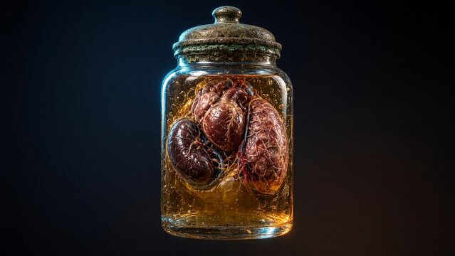 Human heart organ in glass jar specimen for halloween season event
