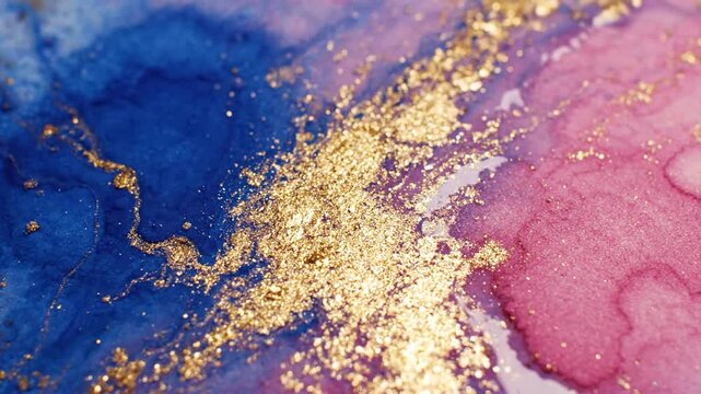 Blue and pink abstract liquid ink texture with gold leaf