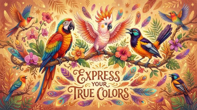 Vibrant Tropical Birds and Feathers with Inspirational "Express Your True Colors" Text