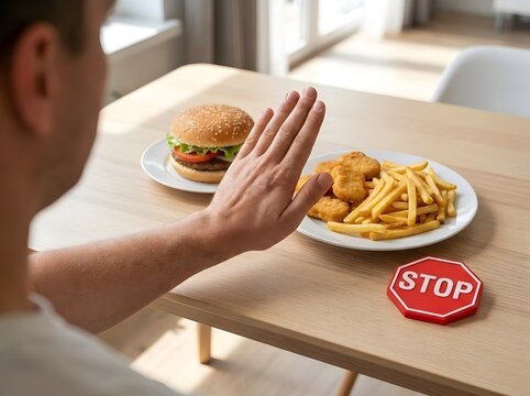 Healthy Eating and Food Choice Concept with Hand Rejecting Burger and French Fries, Nutrition and Lifestyle Awareness