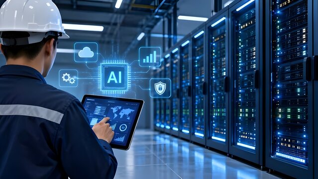 IT engineer technician using tablet with glowing artificial intelligence microchip hologram for data center server monitoring and security