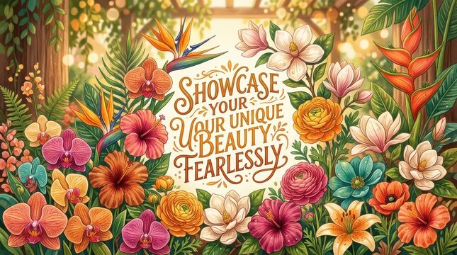 Vibrant Tropical Floral Arrangement with Inspirational "Showcase Your Unique Beauty Fearlessly" Text