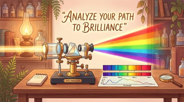 Vintage Spectroscope Demonstrating Light Spectrum and Prism Refraction on a Wooden Desk with Scientific Instruments