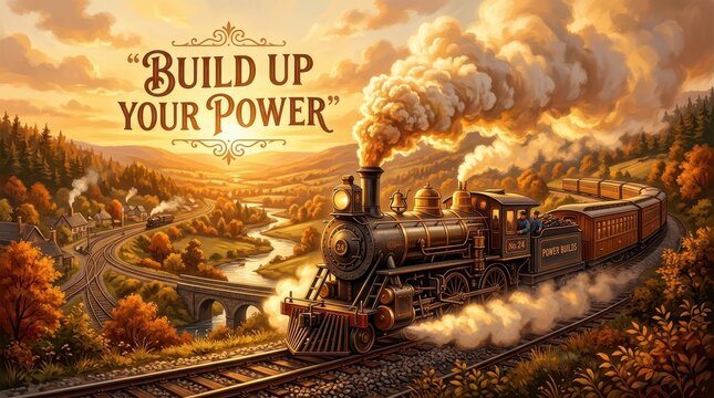 Vintage steam locomotive chugging through a scenic autumnal valley with lush forests and a winding river at sunset