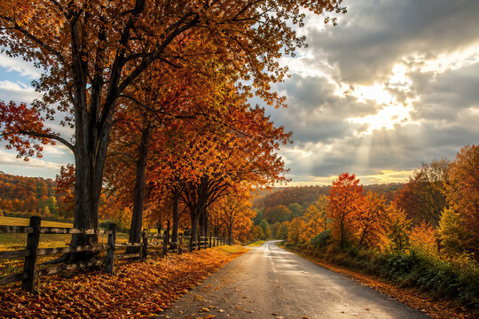 A long asphalt road curves into a sunset, evoking a peaceful atmosphere Fallen leaves are scattered across the road surface and along the grassy verge.