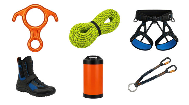 Climbing and rappelling gear collection, including a descender, rope, harness, boot, and carabiners, isolated on a transparent background