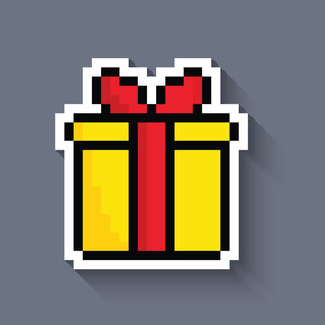 Gift box pixel art icon with long shadow sticker 8 bit vector for computer game logo Christmas birthday