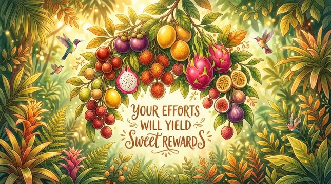 Vibrant tropical fruit jungle with hummingbirds and motivational quote 'Your Efforts Will Yield Sweet Rewards'