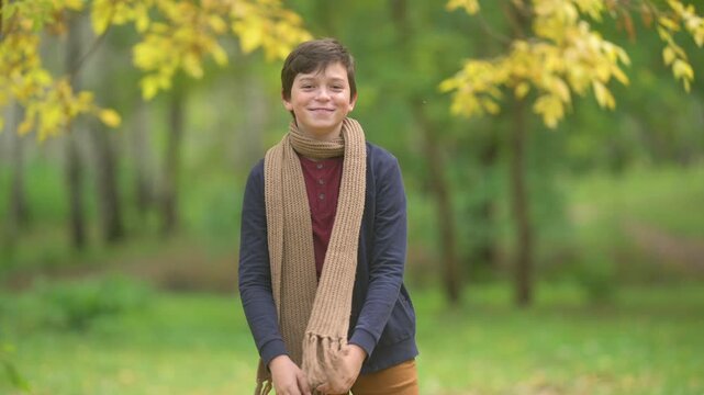Smiling young boy holding a beautiful bouquet of colorful fallen leaves in autumn park. Close-up portrait of a happy kid with golden fall foliage