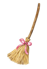 Obraz premium Classic wooden witch besom broom decorated with a cute pink ribbon bow for Halloween and magical autumn themes