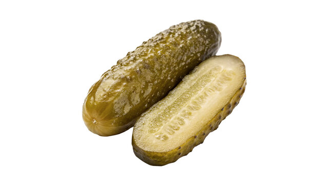 Whole and half pickled cucumber gherkins isolated on transparent background