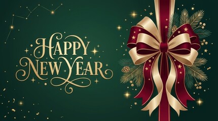 Naklejka premium Elegant Happy New Year greeting with festive ribbon and pine branches
