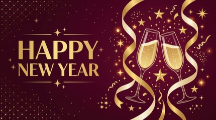Naklejka premium Happy New Year celebration with champagne glasses and golden ribbons