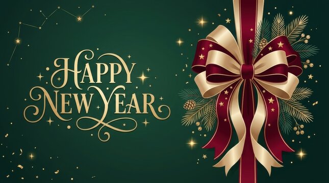 Elegant Happy New Year greeting with festive ribbon and pine branches