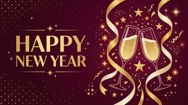 Happy New Year celebration with champagne glasses and golden ribbons