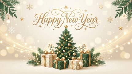 Naklejka premium Happy New Year celebration with decorated Christmas tree and gift boxes