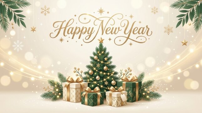 Happy New Year celebration with decorated Christmas tree and gift boxes