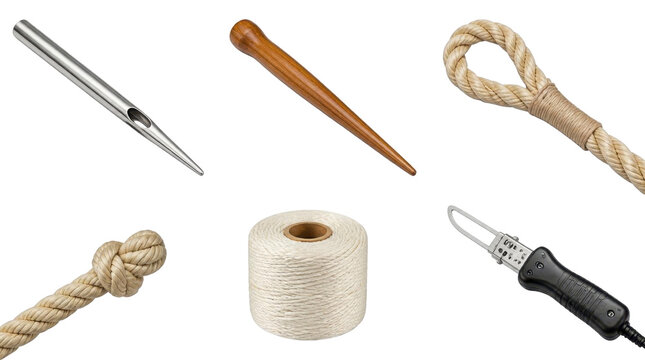 Collection of isolated tools for rope work, including a fid, marlinspike, and needle, alongside a spool of twine