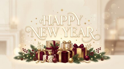 Naklejka premium Elegant Happy New Year greeting with festive gifts and pine branches