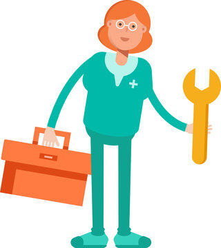 Female Doctor Character Holding Toolbox and Wrench
