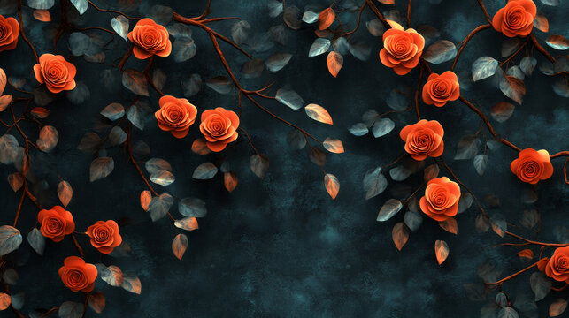 Orange roses climbing on branches with dark background