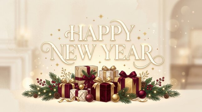 Elegant Happy New Year greeting with festive gifts and pine branches