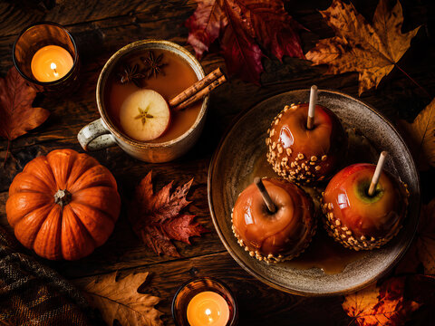 A ceramic mug filled with a warm, spiced beverage and apples rests on a rustic wooden table. autumn