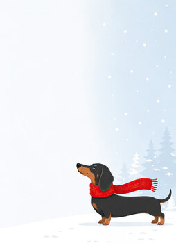 A stylized dachshund against a snowy background. Cover for a book or notebook.