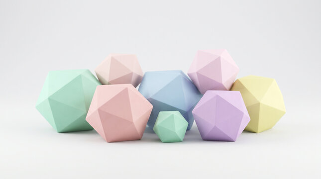 Collection of colorful geometric polyhedral shapes isolated on white background