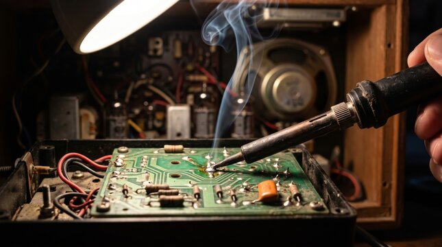 Close-up of a hand soldering components on a green circuit board with rising smoke during a vintage electronics repair
