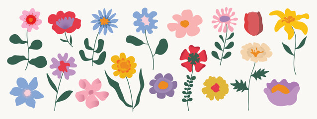 Fototapeta na wymiar Collection of spring colorful flower elements vector. Set floral of wildflower, leaf branch, foliage on white background. Hand drawn blossom illustration for decor, easter, thanksgiving, clipart.