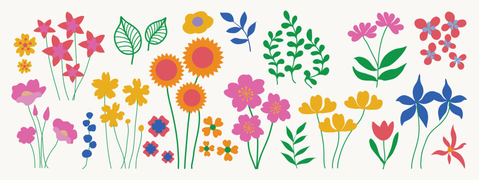 Collection of spring colorful flower elements vector. Set floral of wildflower, leaf branch, foliage on white background. Hand drawn blossom illustration for decor, easter, thanksgiving, clipart.